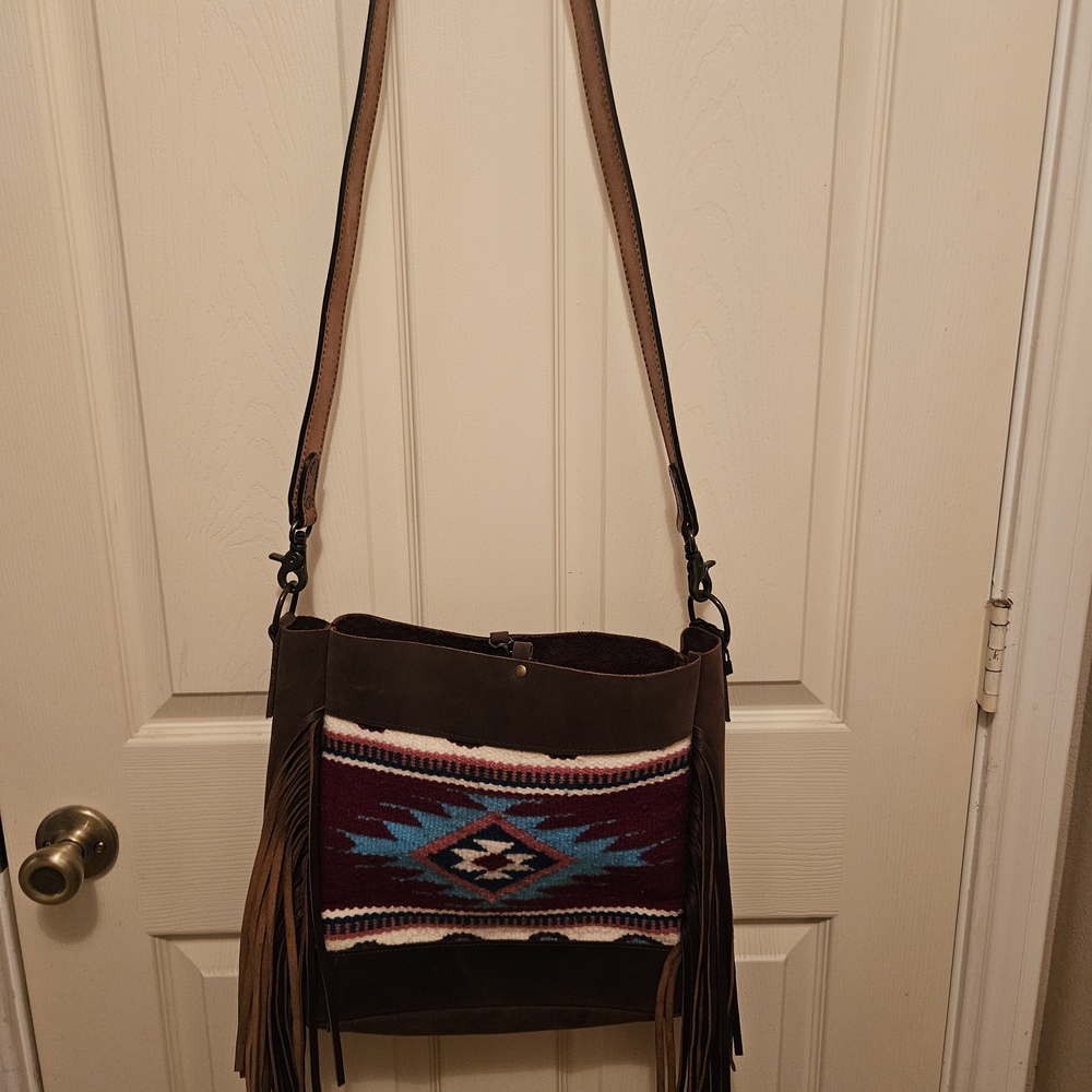 American Darling Brown Fringe Crossbody with Aztec Pattern